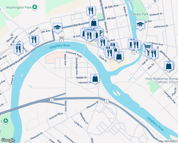 map of restaurants, bars, coffee shops, grocery stores, and more near 213 Oneida Avenue in Warren