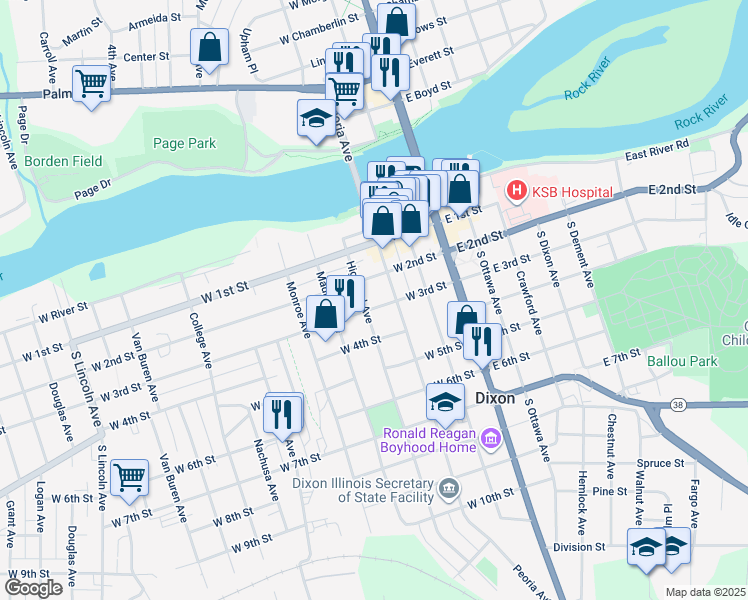 map of restaurants, bars, coffee shops, grocery stores, and more near 317 West 3rd Street in Dixon