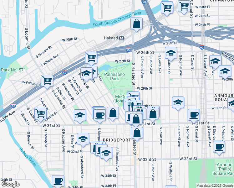map of restaurants, bars, coffee shops, grocery stores, and more near 2901 South Poplar Avenue in Chicago