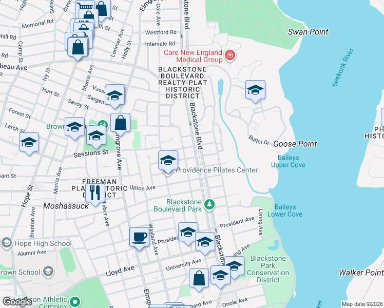 map of restaurants, bars, coffee shops, grocery stores, and more near 226 Blackstone Boulevard in Providence