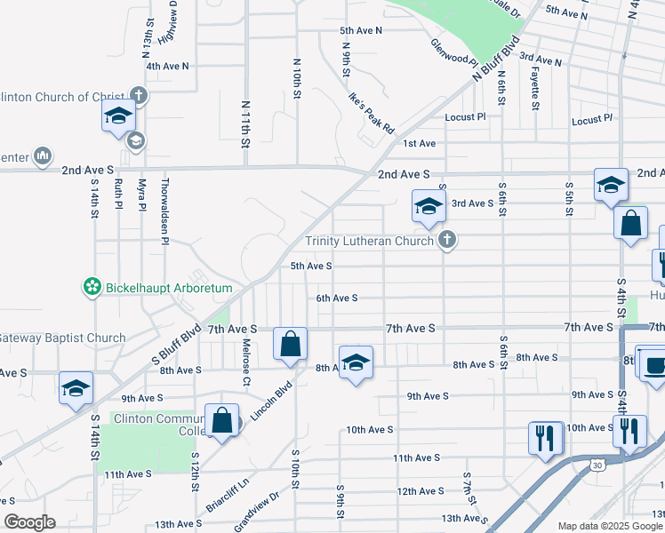 map of restaurants, bars, coffee shops, grocery stores, and more near 5th Avenue South in Clinton