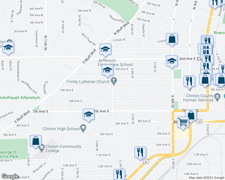 map of restaurants, bars, coffee shops, grocery stores, and more near 699 5th Avenue South in Clinton