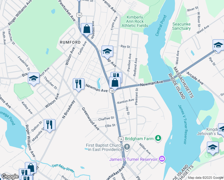 map of restaurants, bars, coffee shops, grocery stores, and more near Pawtucket Avenue & Newman Avenue in East Providence