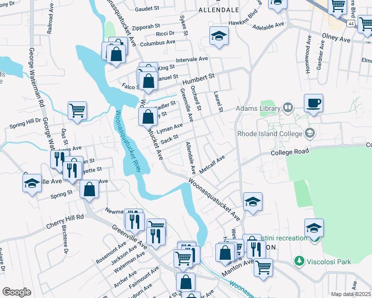 map of restaurants, bars, coffee shops, grocery stores, and more near 37 Allendale Avenue in North Providence