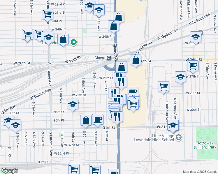 map of restaurants, bars, coffee shops, grocery stores, and more near 2831 48th Court in Cicero