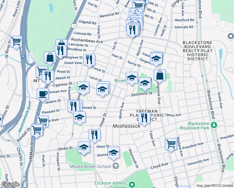 map of restaurants, bars, coffee shops, grocery stores, and more near 244 Cypress Street in Providence