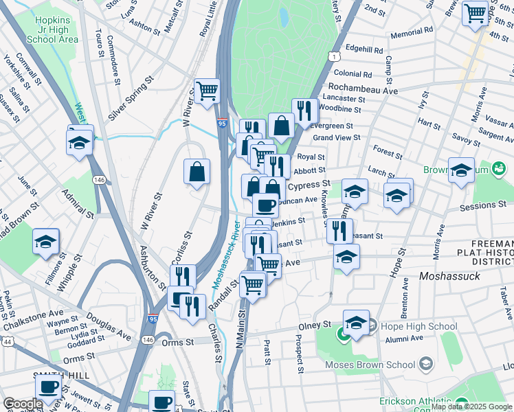 map of restaurants, bars, coffee shops, grocery stores, and more near in 