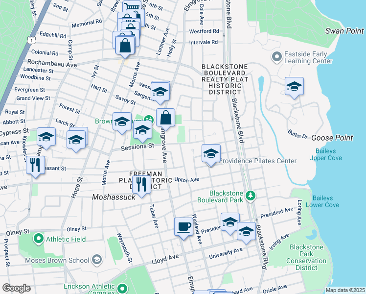 map of restaurants, bars, coffee shops, grocery stores, and more near 575 Wayland Avenue in Providence