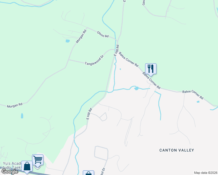 map of restaurants, bars, coffee shops, grocery stores, and more near 153 East Hill Road in Canton