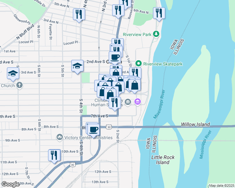 map of restaurants, bars, coffee shops, grocery stores, and more near 201 5th Avenue South in Clinton