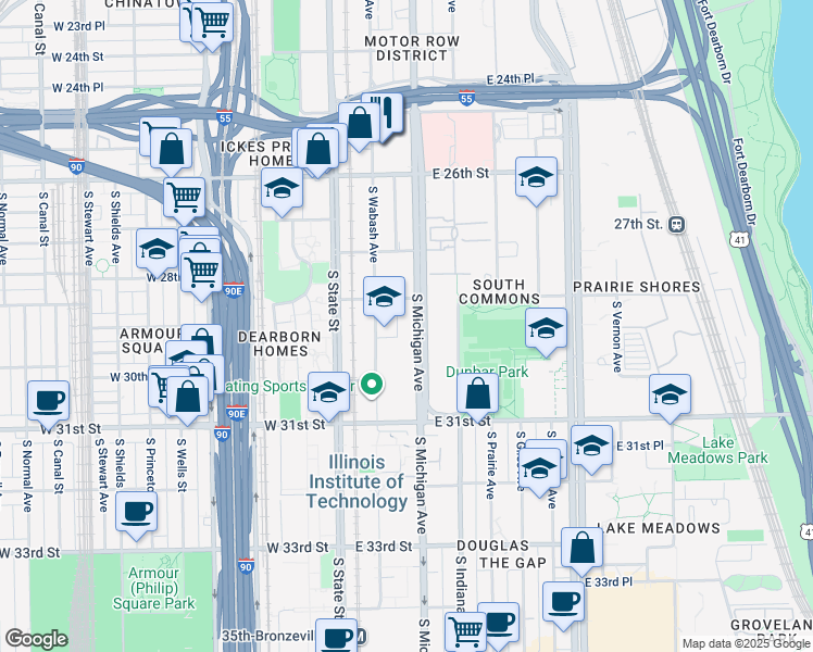 map of restaurants, bars, coffee shops, grocery stores, and more near 2934 South Michigan Avenue in Chicago