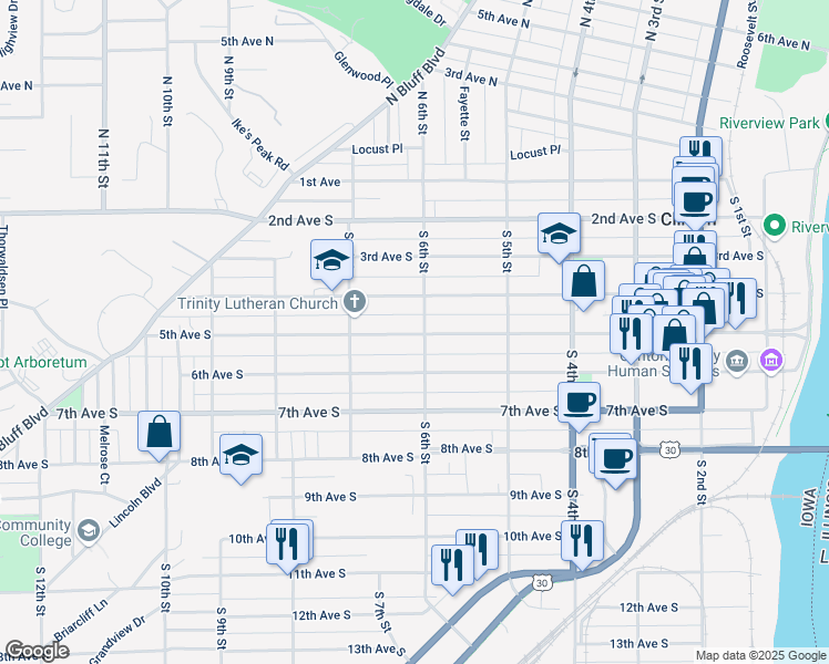 map of restaurants, bars, coffee shops, grocery stores, and more near 600 South 5th Street in Clinton