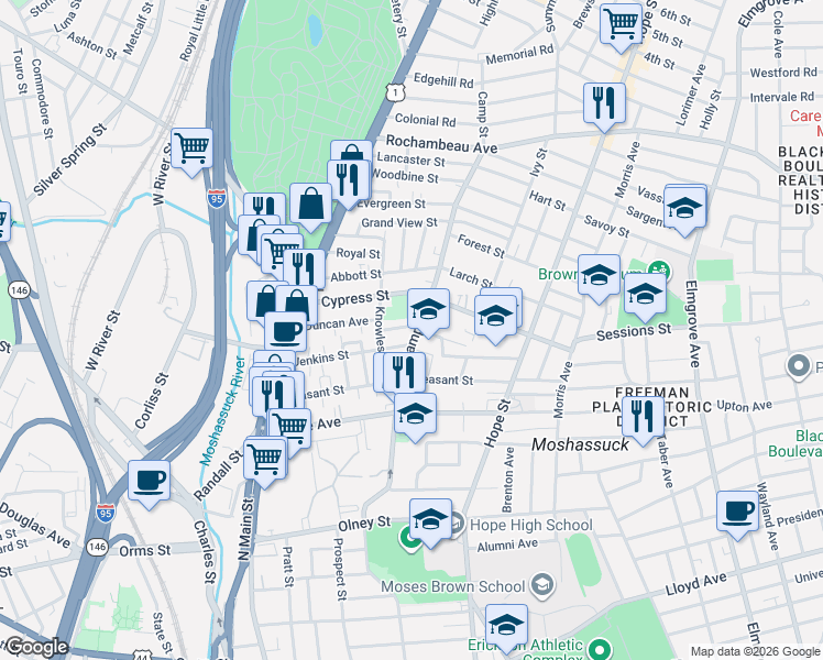 map of restaurants, bars, coffee shops, grocery stores, and more near 121 Camp Street in Providence