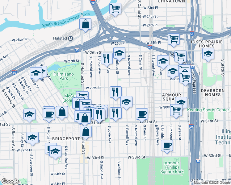 map of restaurants, bars, coffee shops, grocery stores, and more near 2926 South Wallace Street in Chicago