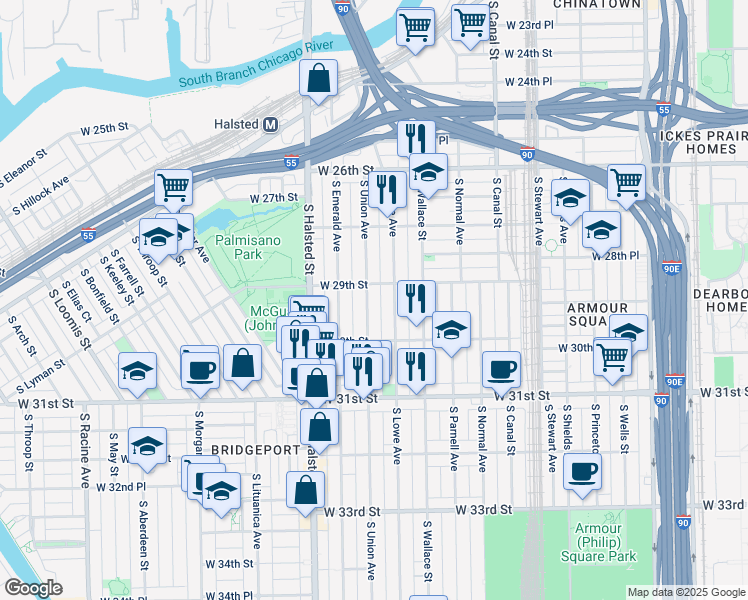 map of restaurants, bars, coffee shops, grocery stores, and more near 2923 South Union Avenue in Chicago