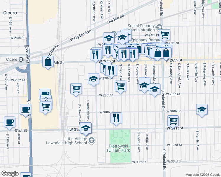 map of restaurants, bars, coffee shops, grocery stores, and more near 2742 South Kildare Avenue in Chicago