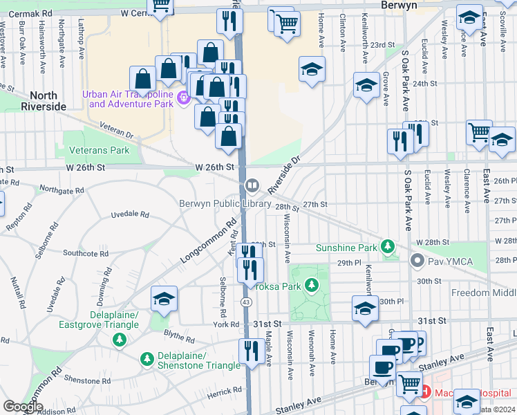 map of restaurants, bars, coffee shops, grocery stores, and more near 7146 Riverside Drive in Berwyn