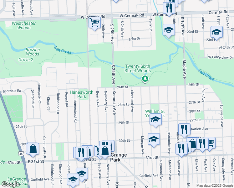 map of restaurants, bars, coffee shops, grocery stores, and more near 1522 Blanchan Avenue in La Grange Park