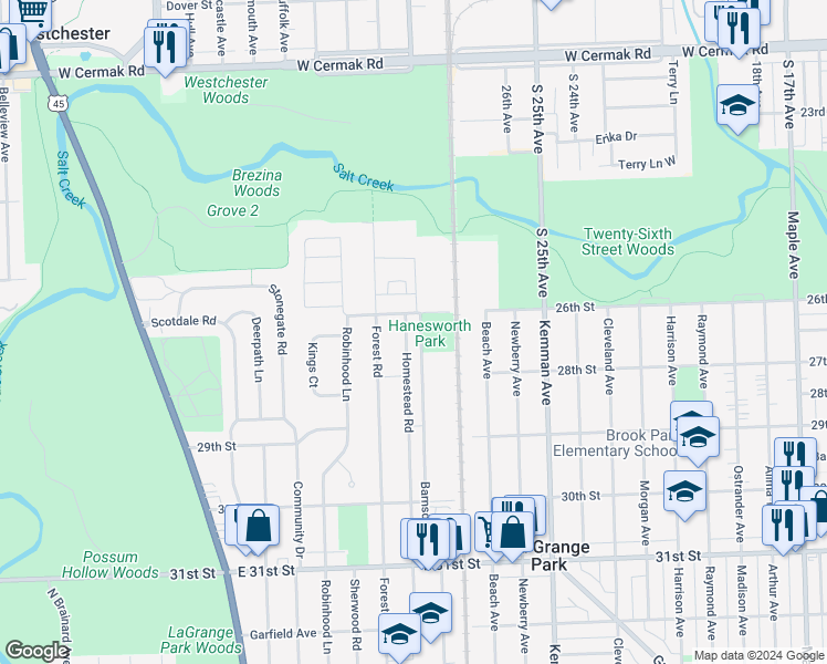 map of restaurants, bars, coffee shops, grocery stores, and more near 1529 Homestead Road in La Grange Park