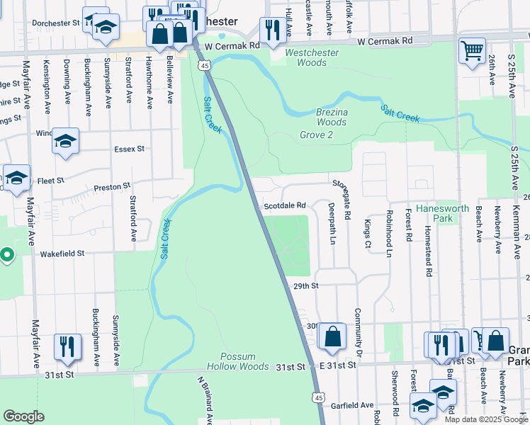 map of restaurants, bars, coffee shops, grocery stores, and more near in La Grange Park