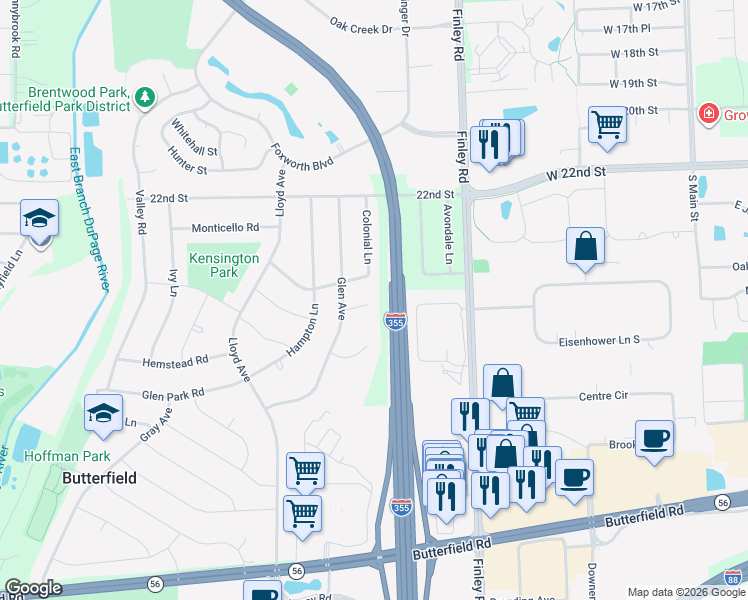 map of restaurants, bars, coffee shops, grocery stores, and more near 560 Glen Place in Lombard