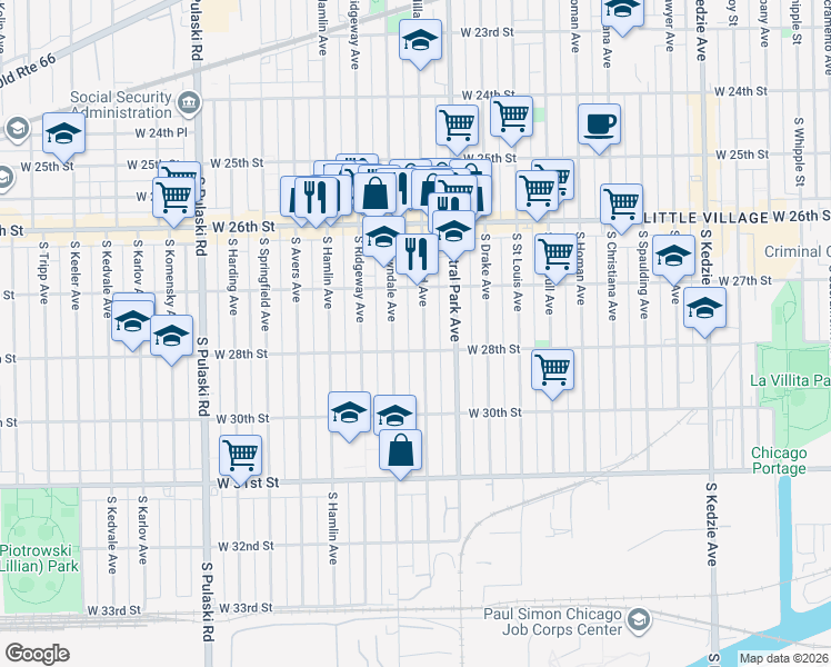 map of restaurants, bars, coffee shops, grocery stores, and more near 2753 South Lawndale Avenue in Chicago