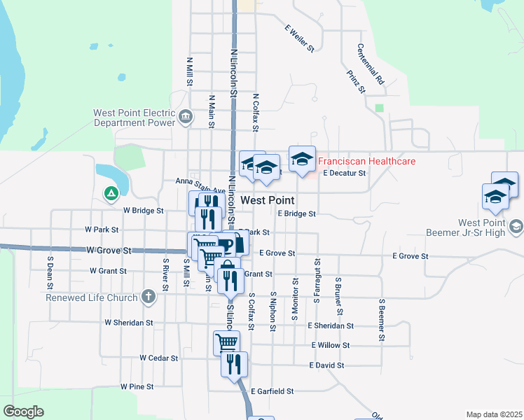 map of restaurants, bars, coffee shops, grocery stores, and more near 120 North Colfax Street in West Point