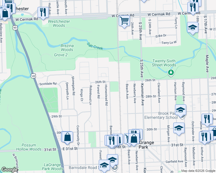 map of restaurants, bars, coffee shops, grocery stores, and more near 1529 Homestead Road in La Grange Park