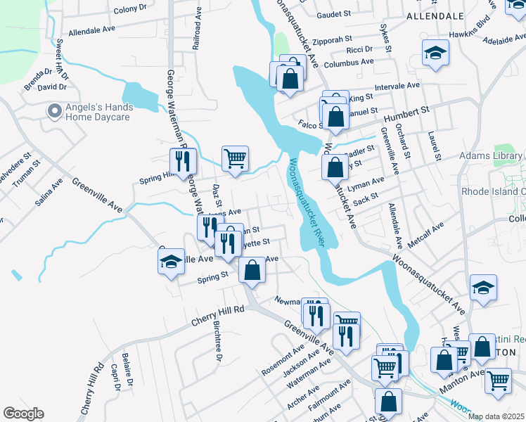 map of restaurants, bars, coffee shops, grocery stores, and more near 89 Endicott Street in Johnston