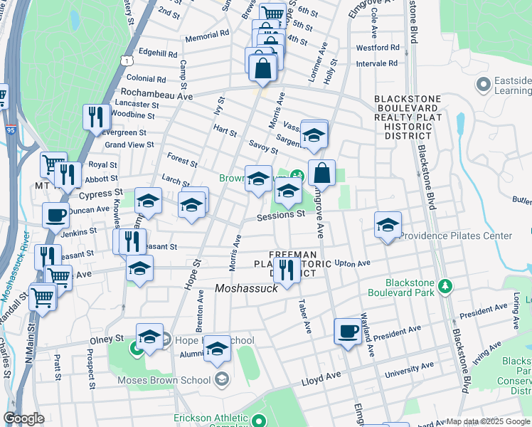 map of restaurants, bars, coffee shops, grocery stores, and more near 40 Sessions Street in Providence
