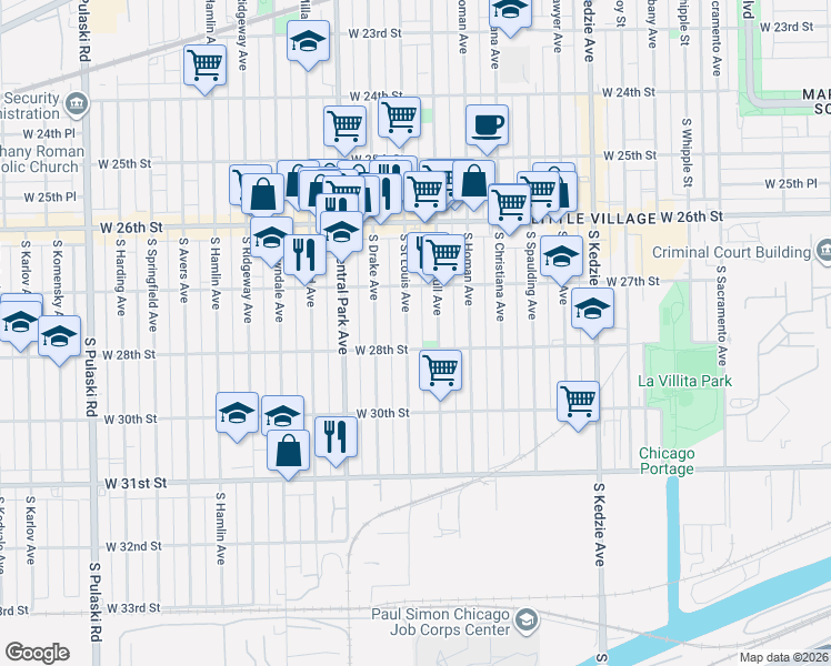 map of restaurants, bars, coffee shops, grocery stores, and more near 2754 South Saint Louis Avenue in Chicago