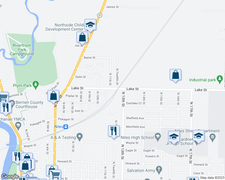 map of restaurants, bars, coffee shops, grocery stores, and more near 1120 Lake Street in Niles