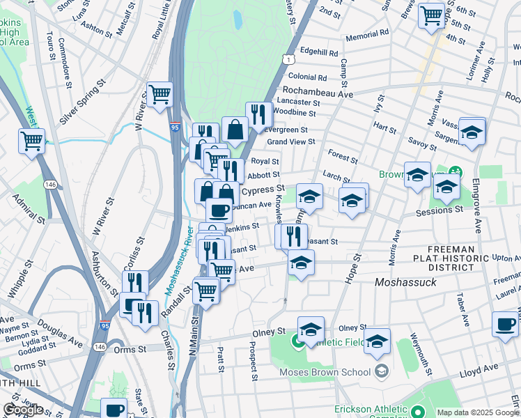 map of restaurants, bars, coffee shops, grocery stores, and more near 57 Duncan Avenue in Providence