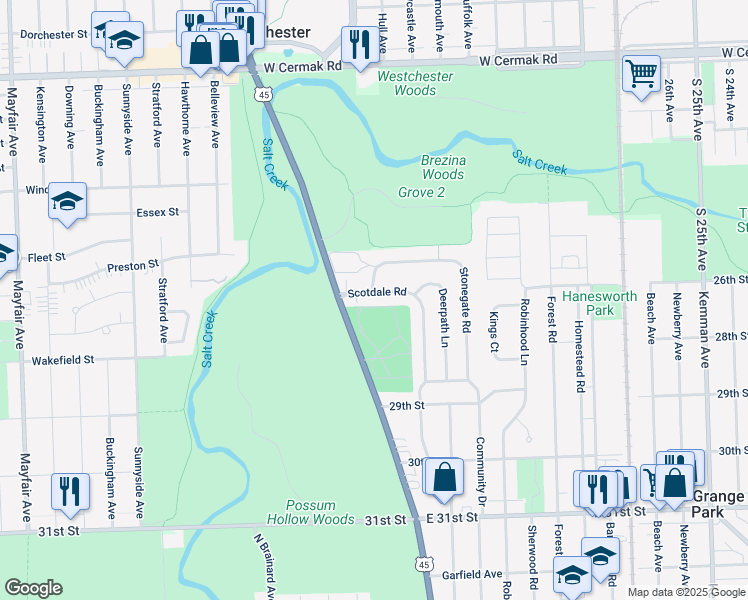 map of restaurants, bars, coffee shops, grocery stores, and more near 10 Scotdale Road in La Grange Park