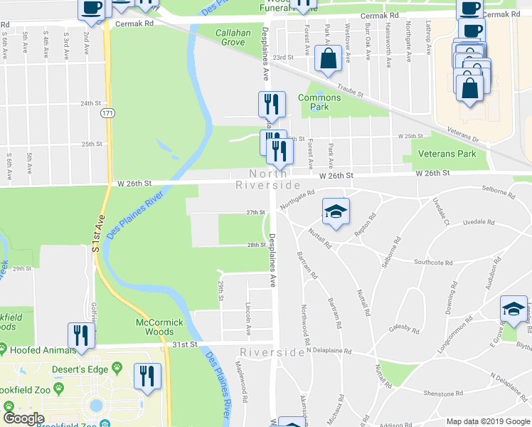 map of restaurants, bars, coffee shops, grocery stores, and more near 8005 27th Street in Riverside