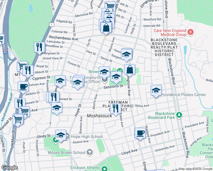 map of restaurants, bars, coffee shops, grocery stores, and more near 100 Taft Avenue in Providence