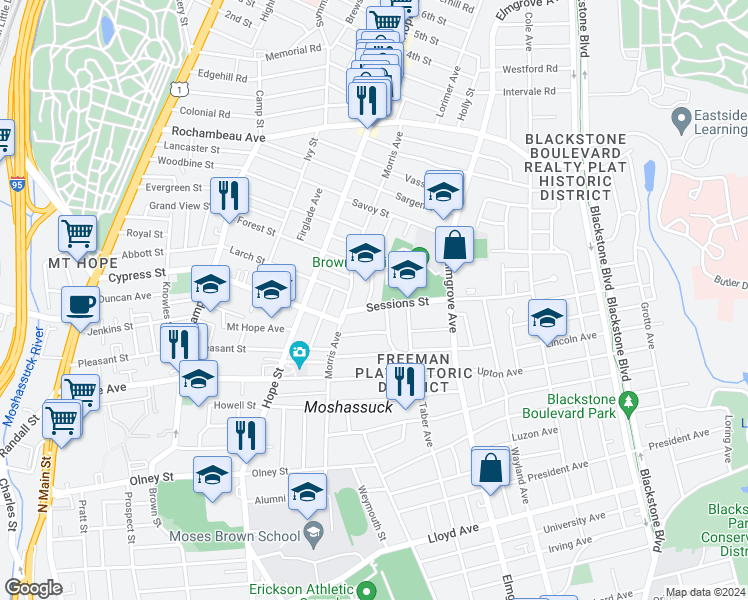 map of restaurants, bars, coffee shops, grocery stores, and more near 43 Sessions Street in Providence