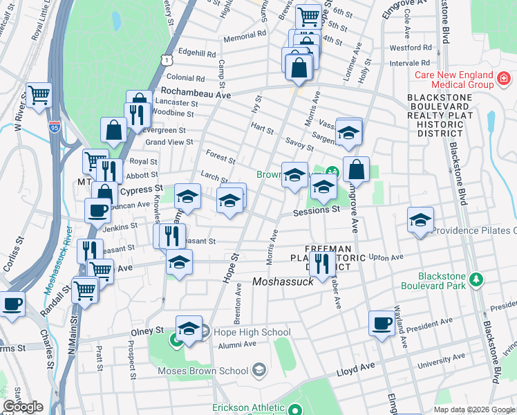 map of restaurants, bars, coffee shops, grocery stores, and more near 244 Cypress Street in Providence