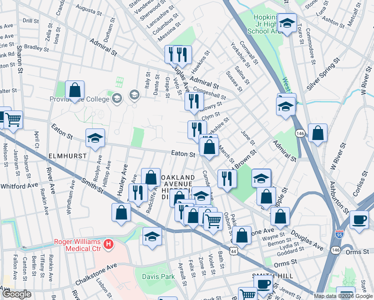 map of restaurants, bars, coffee shops, grocery stores, and more near 29 Eaton Street in Providence