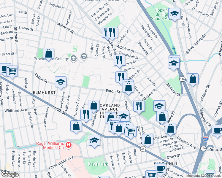 map of restaurants, bars, coffee shops, grocery stores, and more near 29 Eaton Street in Providence