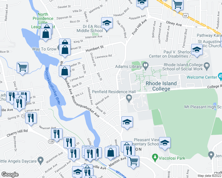 map of restaurants, bars, coffee shops, grocery stores, and more near 3 Meadow Avenue in North Providence