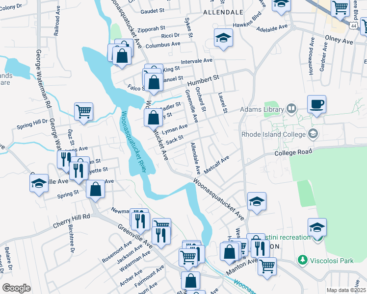 map of restaurants, bars, coffee shops, grocery stores, and more near 37 Allendale Avenue in North Providence