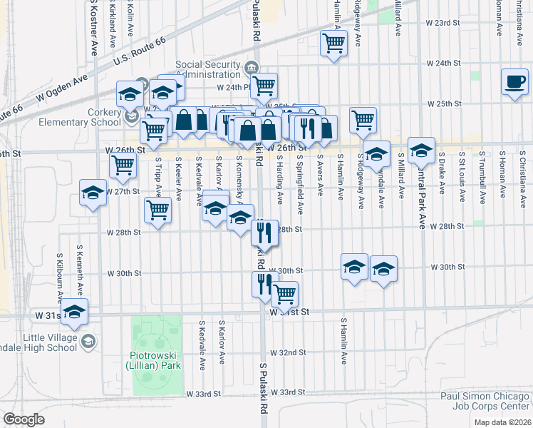 map of restaurants, bars, coffee shops, grocery stores, and more near 2744 South Pulaski Road in Chicago
