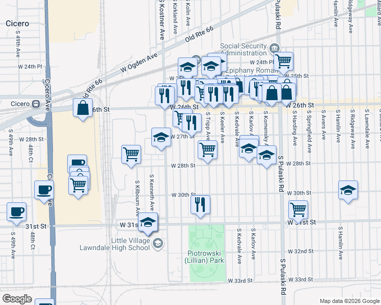 map of restaurants, bars, coffee shops, grocery stores, and more near 2742 South Kildare Avenue in Chicago