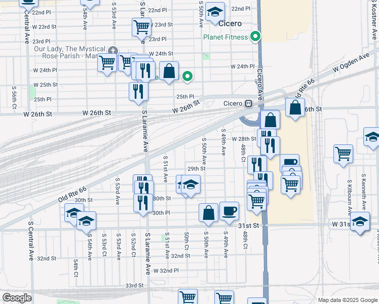map of restaurants, bars, coffee shops, grocery stores, and more near 2827 50th Court in Cicero