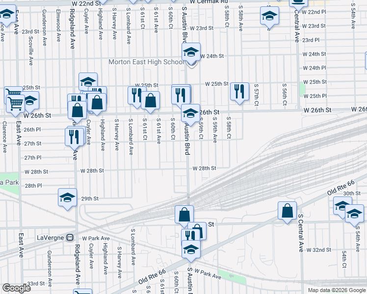 map of restaurants, bars, coffee shops, grocery stores, and more near 2716 South Austin Boulevard in Cicero