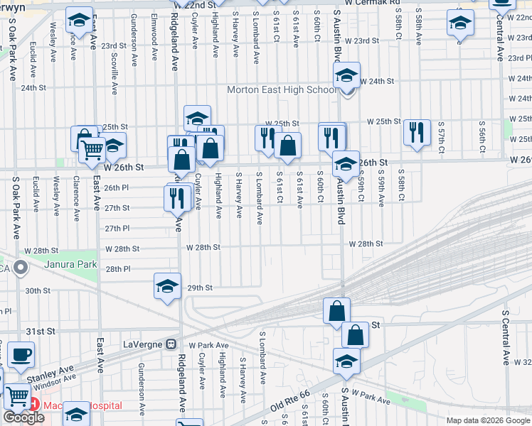map of restaurants, bars, coffee shops, grocery stores, and more near 2716 Lombard Avenue in Berwyn