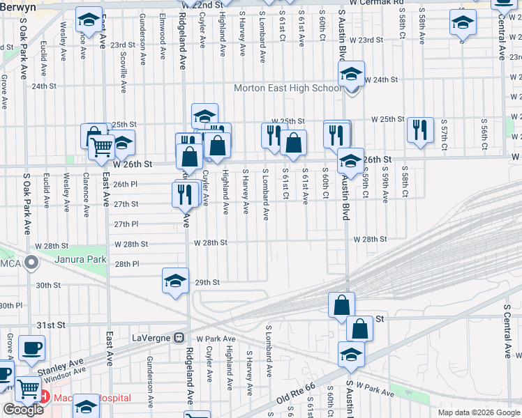 map of restaurants, bars, coffee shops, grocery stores, and more near 2716 Lombard Avenue in Berwyn