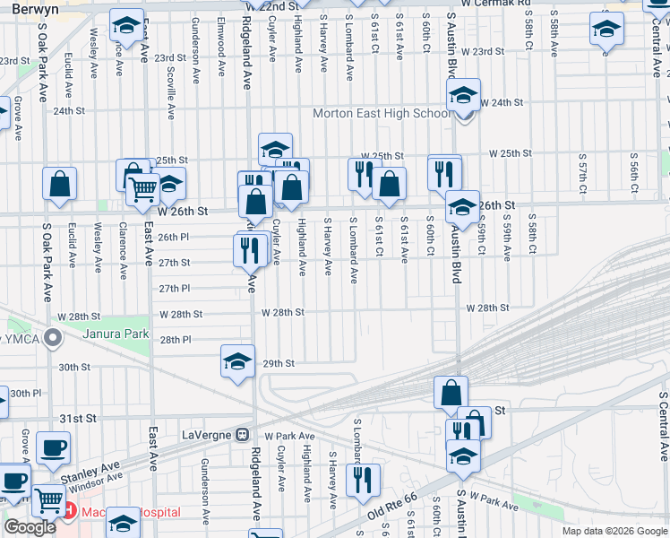 map of restaurants, bars, coffee shops, grocery stores, and more near 2718 South Harvey Avenue in Berwyn