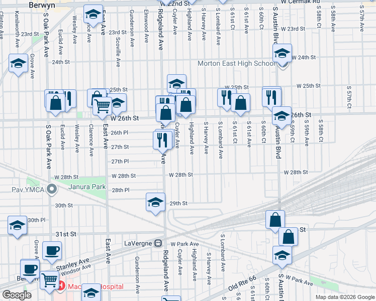 map of restaurants, bars, coffee shops, grocery stores, and more near 2711 Cuyler Avenue in Berwyn